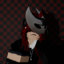 A Roblox character wearing red and black hair, with a black shirt and a skull mask.