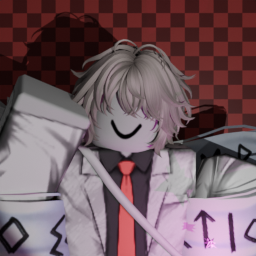 A Roblox character wearing a white blazer with fluffy grey hair, a wing on his right, and a red checkered background.