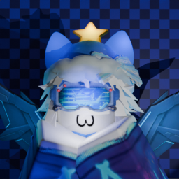 A Roblox character wearing a skeletal blue jean jacket with long white hair with a blue ruffled bow on it, and a blue checkered background.